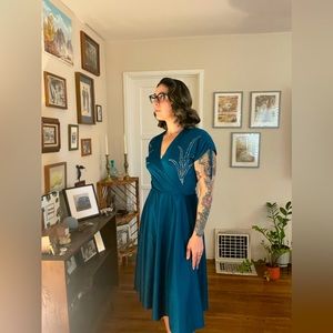 1970s Fit & Flare Teal and Sparkle Party Dress. Size M-L